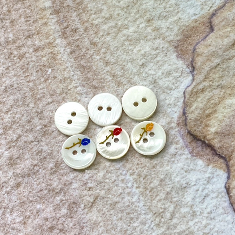 11.5mm 2-hole shell buttons with rose pattern, red blue yellow accents, set of 6