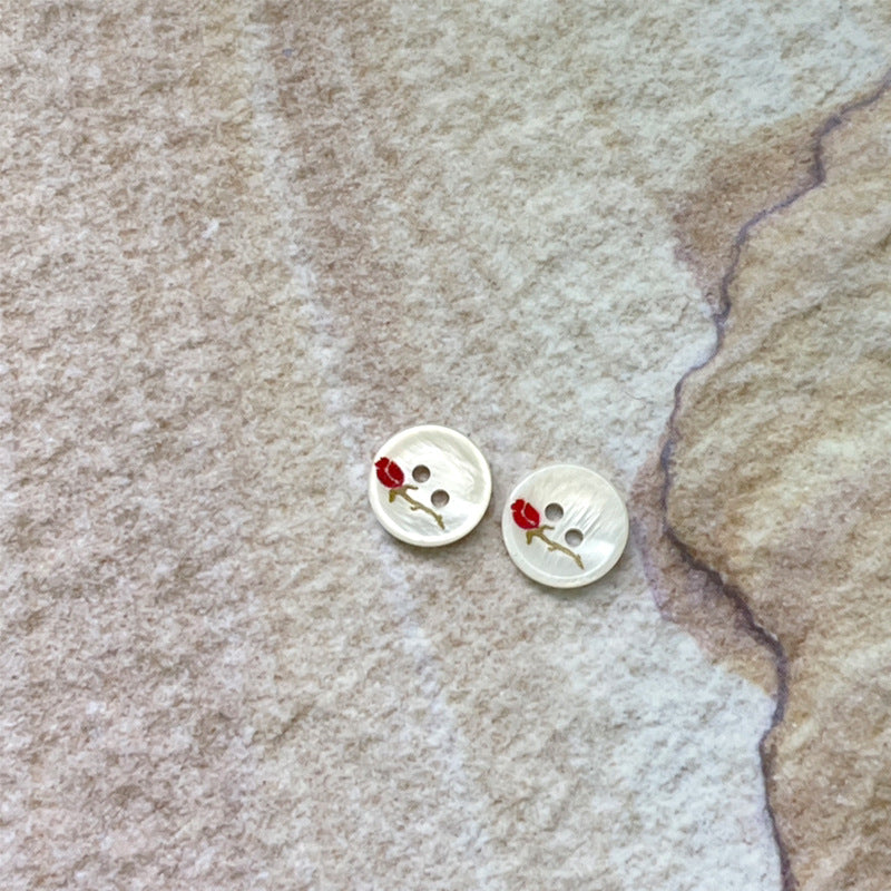 11.5mm 2-hole shell buttons with red rose pattern, pair