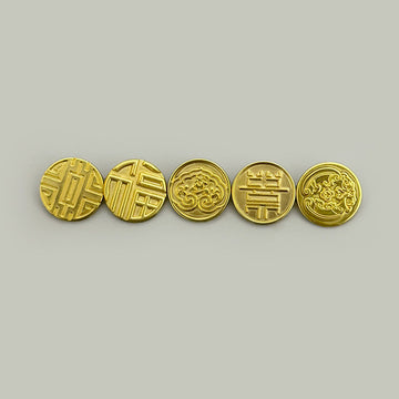 Gold round metal hand-sewing buttons with Chinese character engravings and shanks