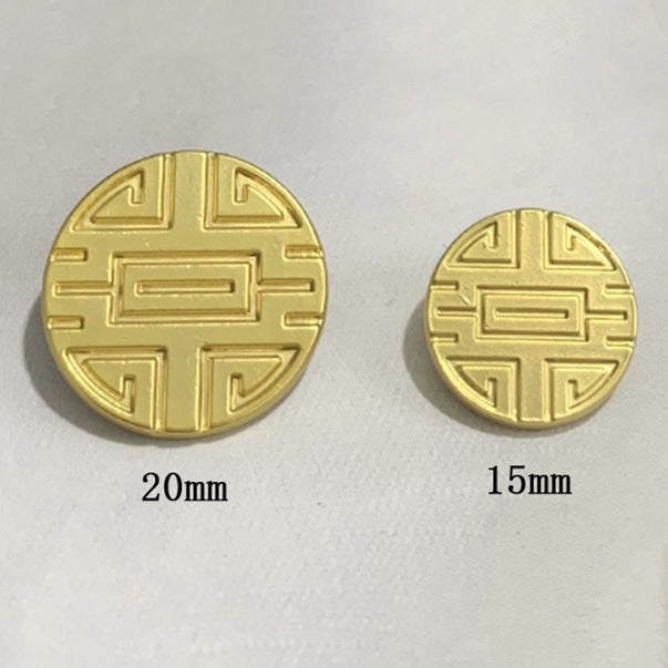 20mm and 15mm gold round metal sewing buttons with geometric Chinese character design