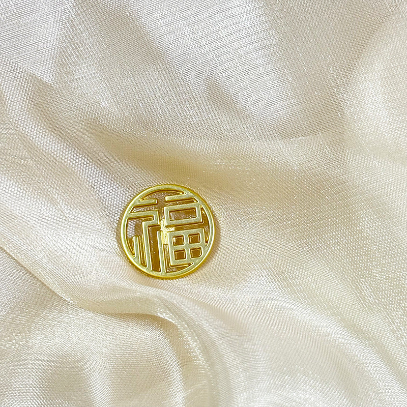 Gold Chinese character metal shank button with round-square hollow design