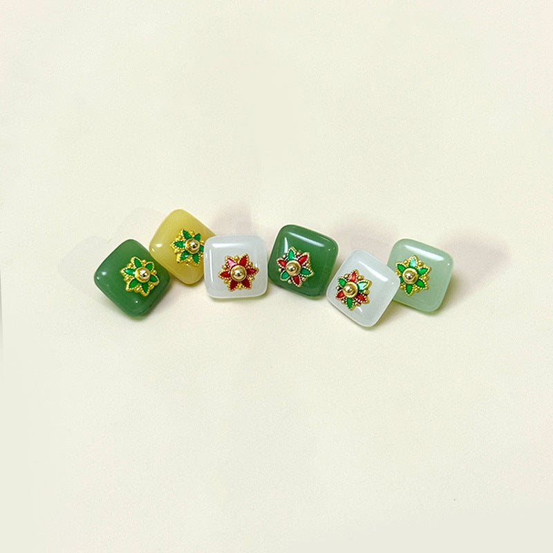 Square glass buttons set with flower base: dark green, light yellow, clear