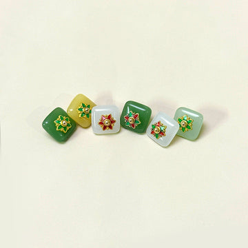 Square glass buttons set with flower base: dark green, light yellow, clear