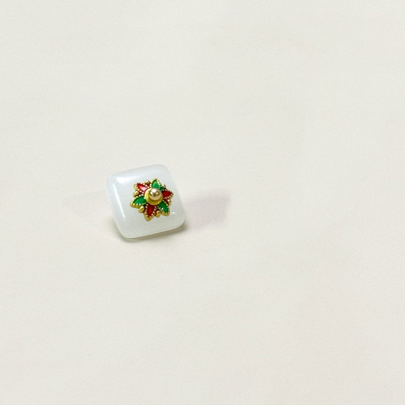 Square glass button with flower base, translucent white with red and green gold flower