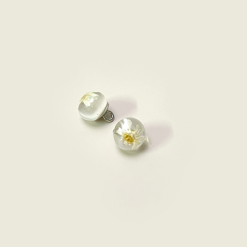 10mm glass shank buttons with dried flower cores, white with yellow center
