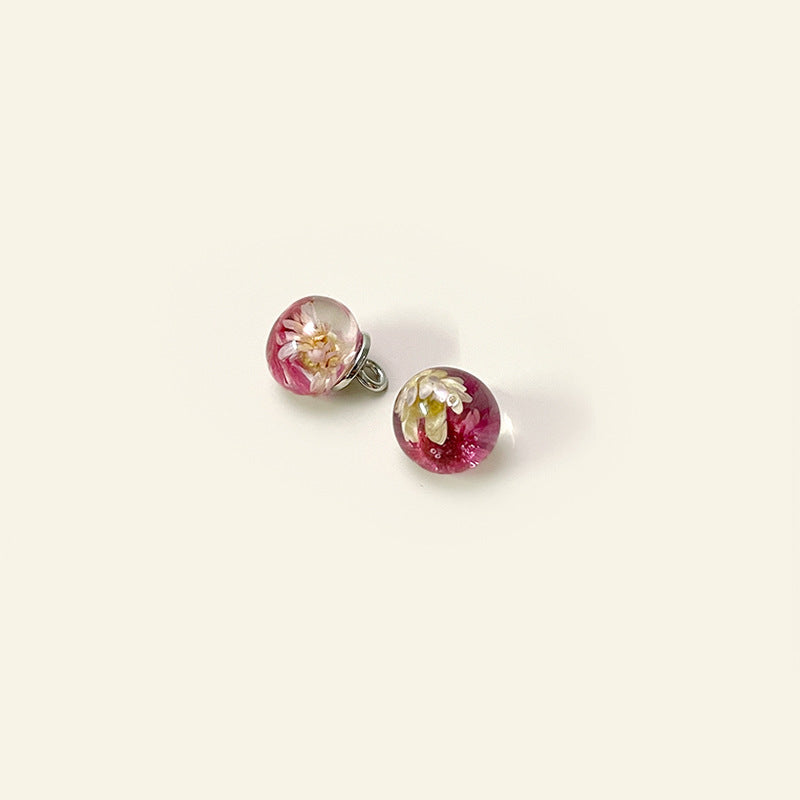 10mm glass shank buttons with dried flower cores in pink and green-yellow