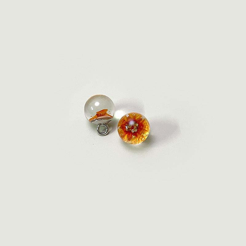 10mm glass shank buttons with dried flower cores, cream and orange-red (sunburst)