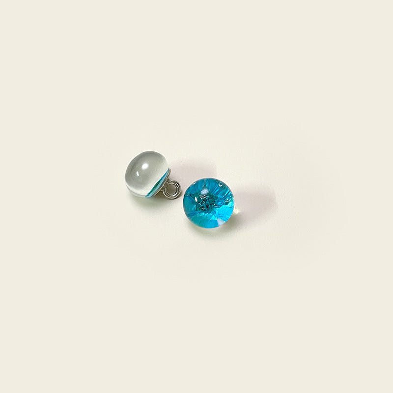 10mm glass shank buttons with dried flower cores, white and teal blue