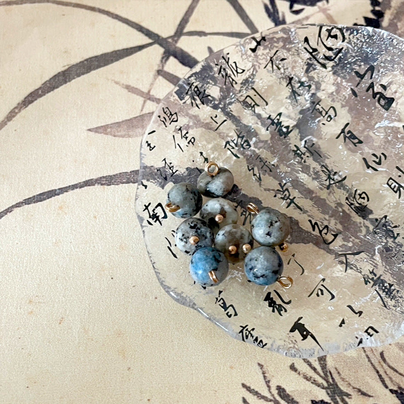 Vintage stone-look beaded button set, blue-gray beads with gold loops
