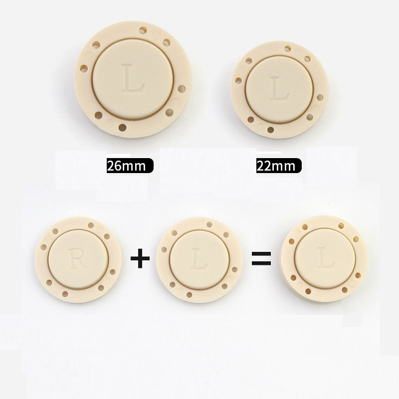 Beige Magnetknöpfe aus Nylon, L/R-Markierung, 26 mm und 22 mm, rund mit Nietenrand