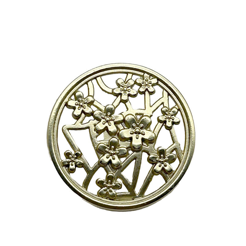 Metal hollow decorative button with plum blossom lattice, light gold tone