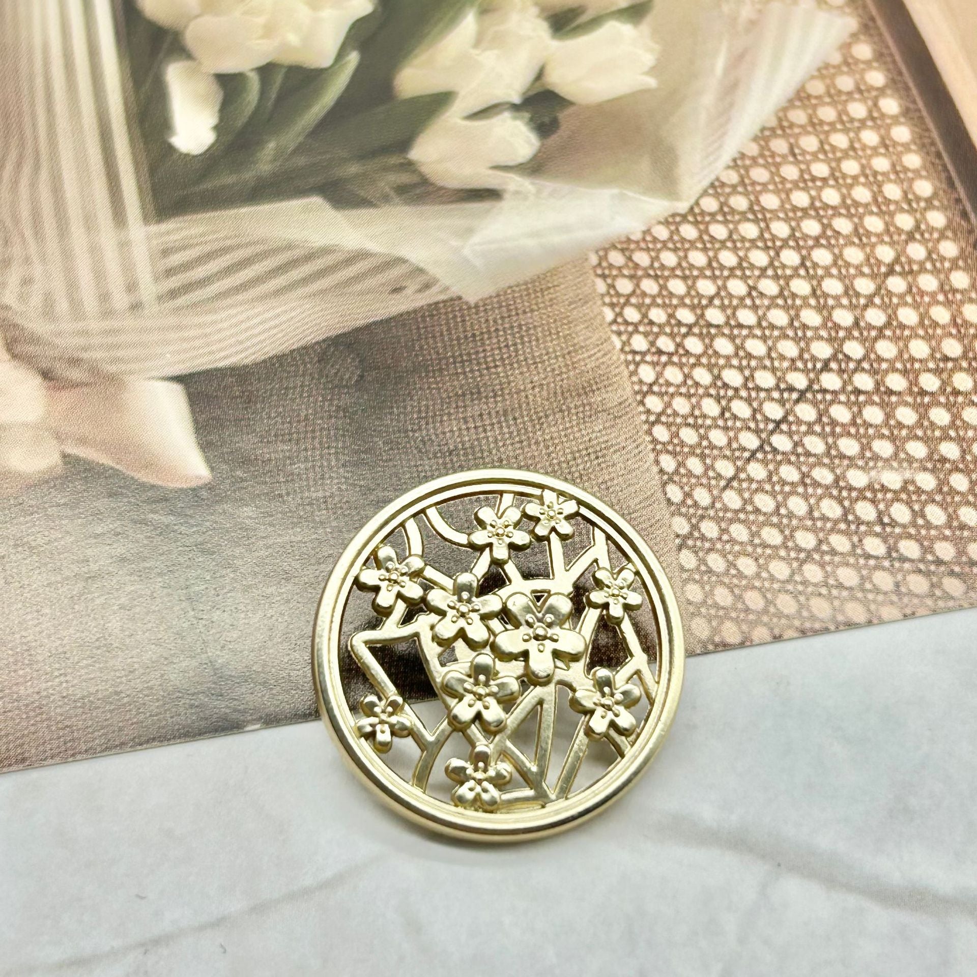Chinese palace style plum blossom button, light gold hollow metal finish