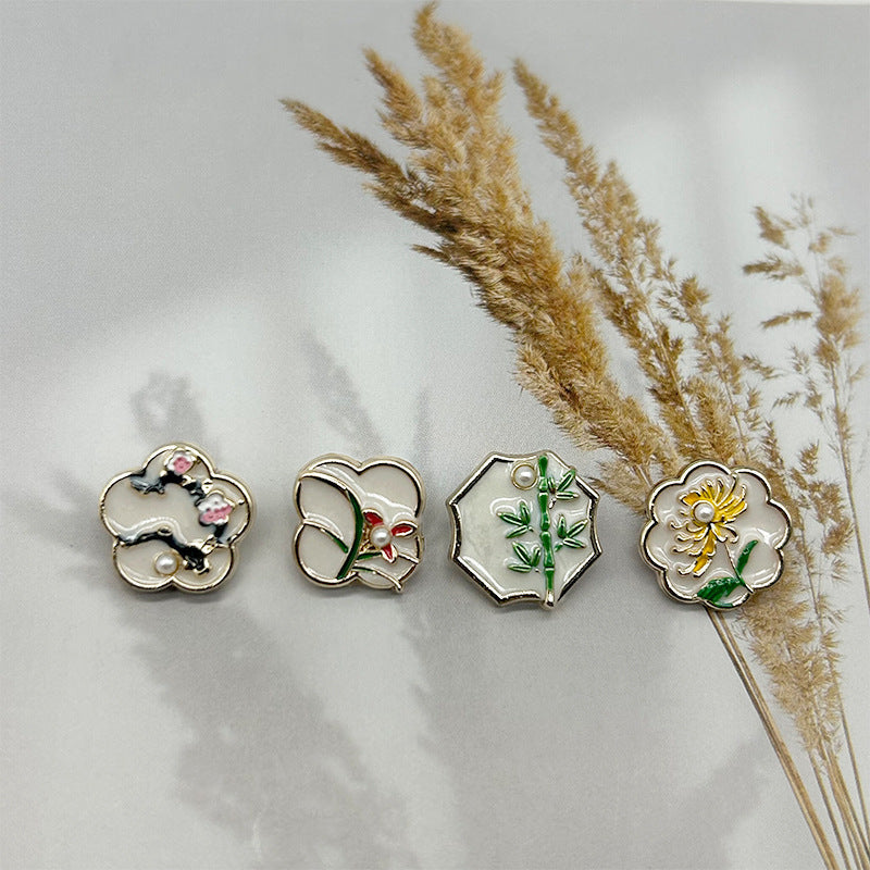 Set of vintage metal buttons, plum orchid flower design, 15mm, front view