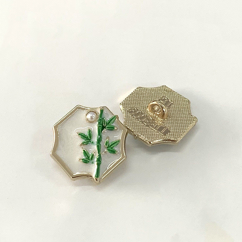 15mm vintage metal button with bamboo stalk, pearl on top, gold-tone back