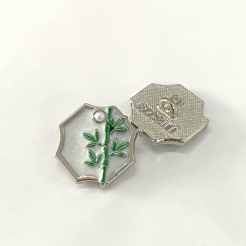 15mm vintage metal button with bamboo stem, pearl accent, gold-tone back