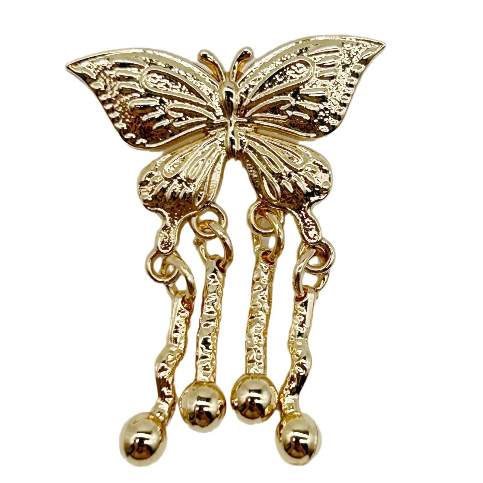 Golden butterfly metal shank button with dangling bead tassels, ornate filigree