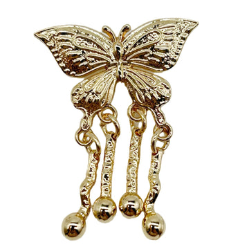 Golden butterfly metal shank button with dangling bead tassels, ornate filigree