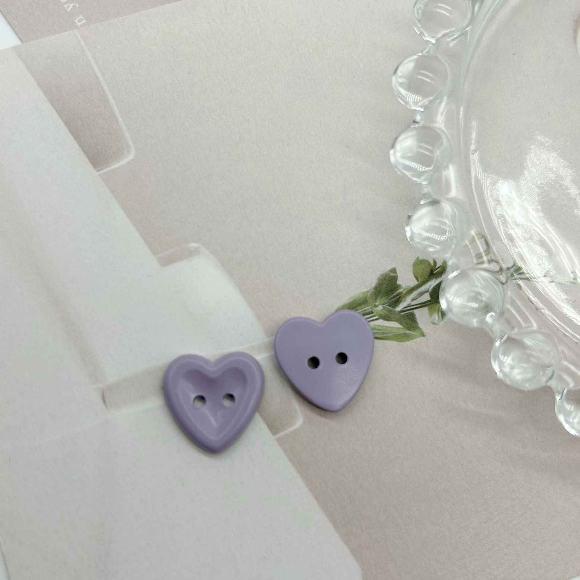 Lavender heart buttons with two holes, two-piece set