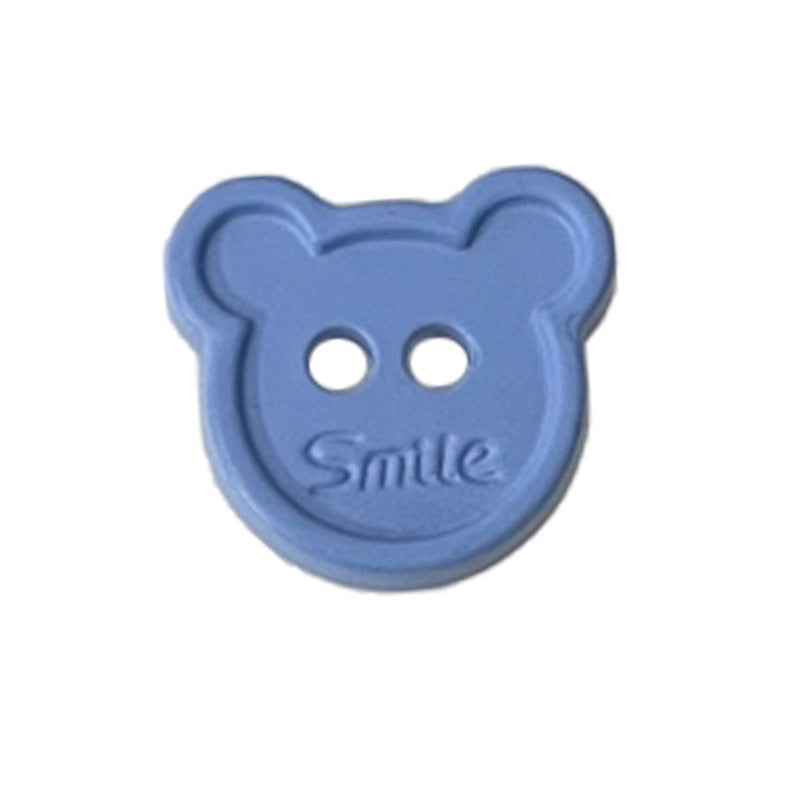 Blue teddy bear face plastic button, two holes and “Smile” detail