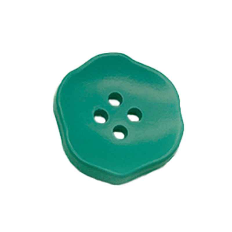 Green flower-shaped 4-hole plastic button for children’s clothing
