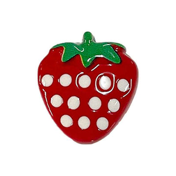 Red strawberry cartoon plastic shank button with white dots and green leaves