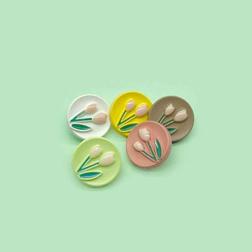 Round tulip plastic buttons for kids’ coats, 5 colors pack; white, yellow, brown, pink, light green
