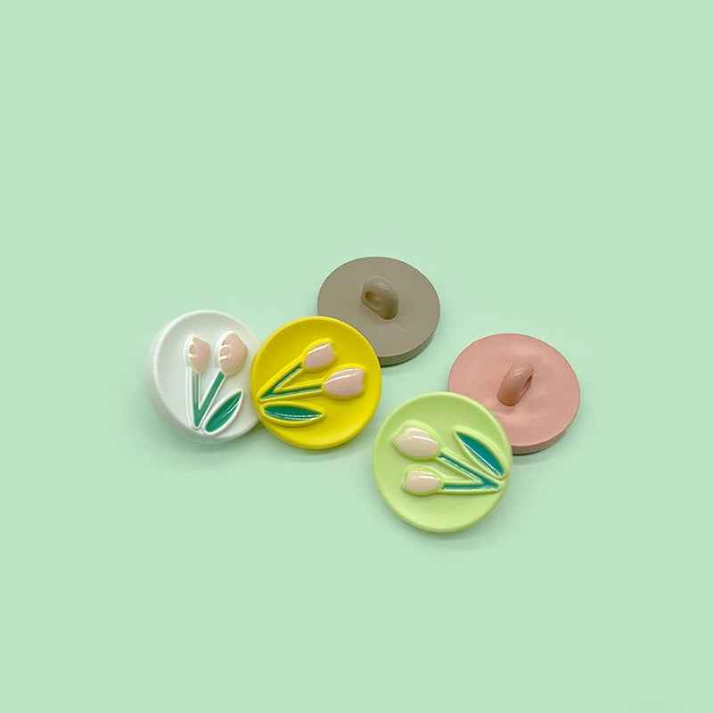 Round tulip plastic buttons, 5 colors; white, yellow, light green, pink, dark brown backs shown