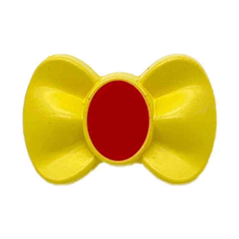 Yellow bow-shaped plastic button with red center and visible shank