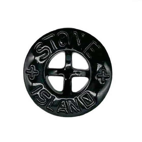 14/20mm black four-hole decorative button with raised logo, single button