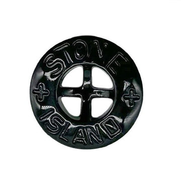 14/20mm black four-hole decorative button with raised logo, single button