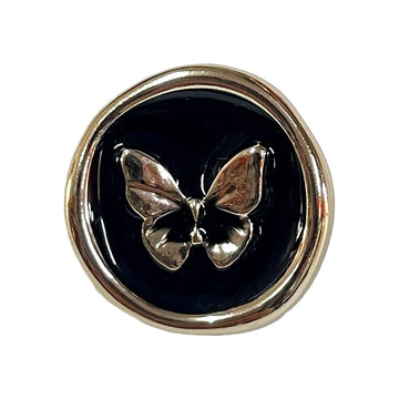Round black plastic shank button with butterfly emblem, silver-tone rim