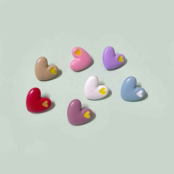 Heart-shaped children's buttons with shanks, colorful set of 70, yellow inner heart accents