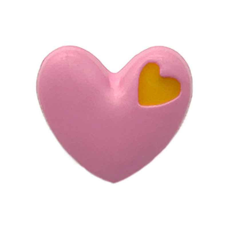 Pink heart-shaped button with shank and yellow inner heart cutout, 15/18mm