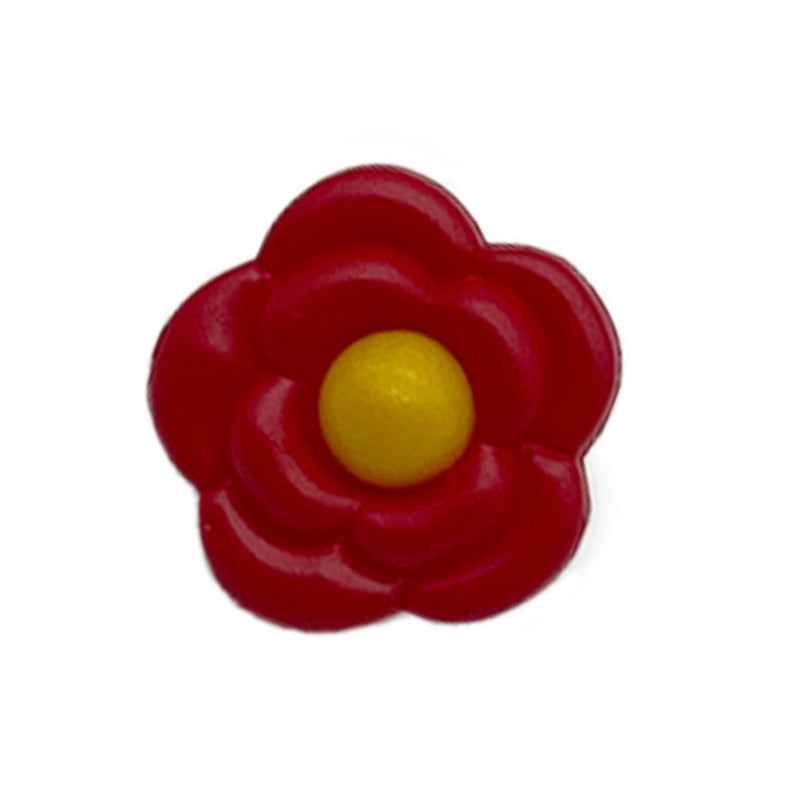 Red flower-shaped plastic shank button with yellow center, glossy petals