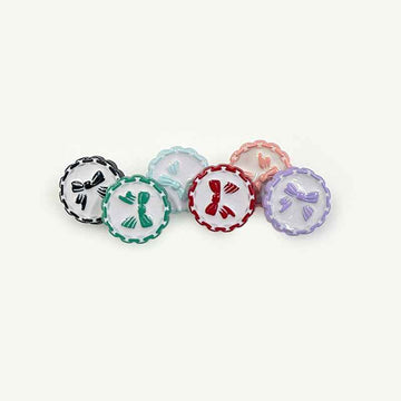 Colorful chain-edge bow plastic buttons, 18mm, assortment of five visible designs