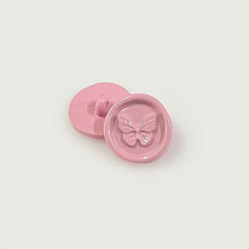Pink round plastic shank buttons set, butterfly embossed on front