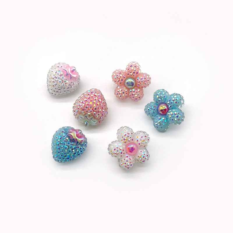 Bottoni glitter a forma di fragola e fiore, resina con gambo metallico, set 60