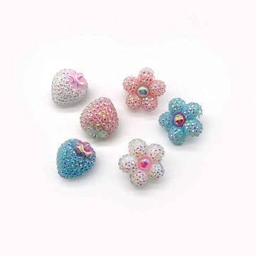 Bottoni glitter a forma di fragola e fiore, resina con gambo metallico, set 60