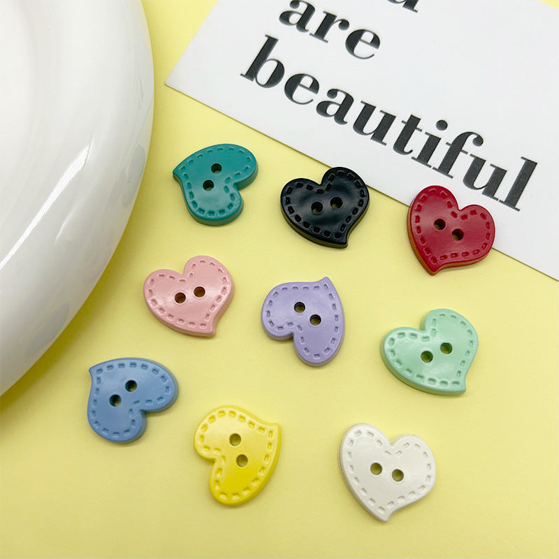 Assorted pastel heart plastic buttons with dotted edge, 2 holes, mixed colors