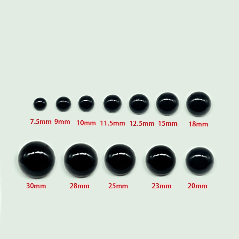 Plastic mushroom button sizes shown in black: 7.5mm to 30mm