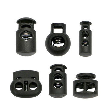 Schwarze Doppelloch-Kordelstopper mit Feder, Clip-Slider-Toggles aus Kunststoff