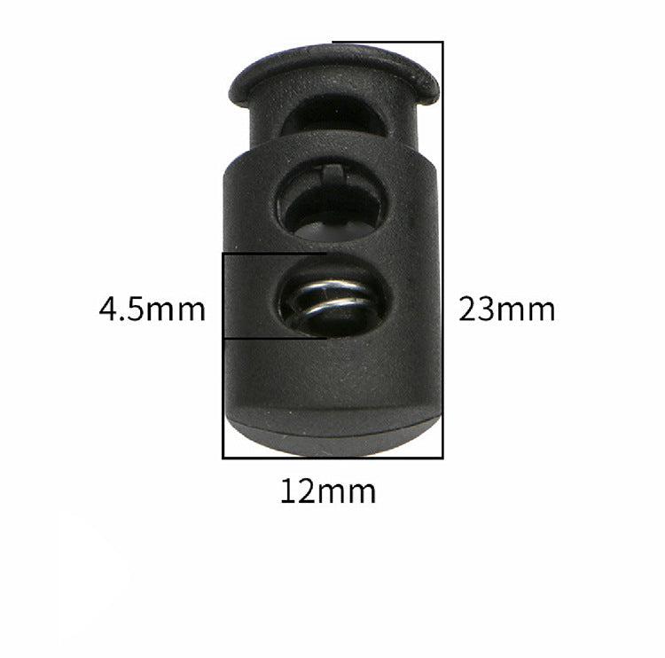 Schwarzer Kordelstopper, Maße ca. 12×23 mm (BxH) mit Feder