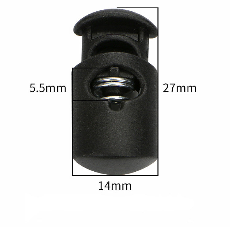 Schwarzer Kordelstopper, Maße ca. 14×27 mm (BxH) mit Feder