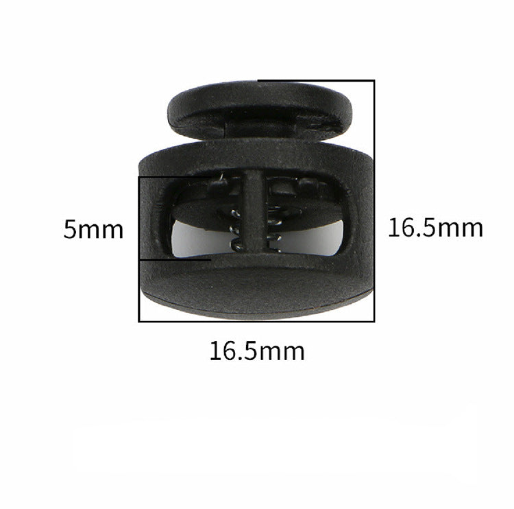 Schwarzer Kordelstopper, Maße ca. 16,5×16,5 mm (BxH) mit Federclip