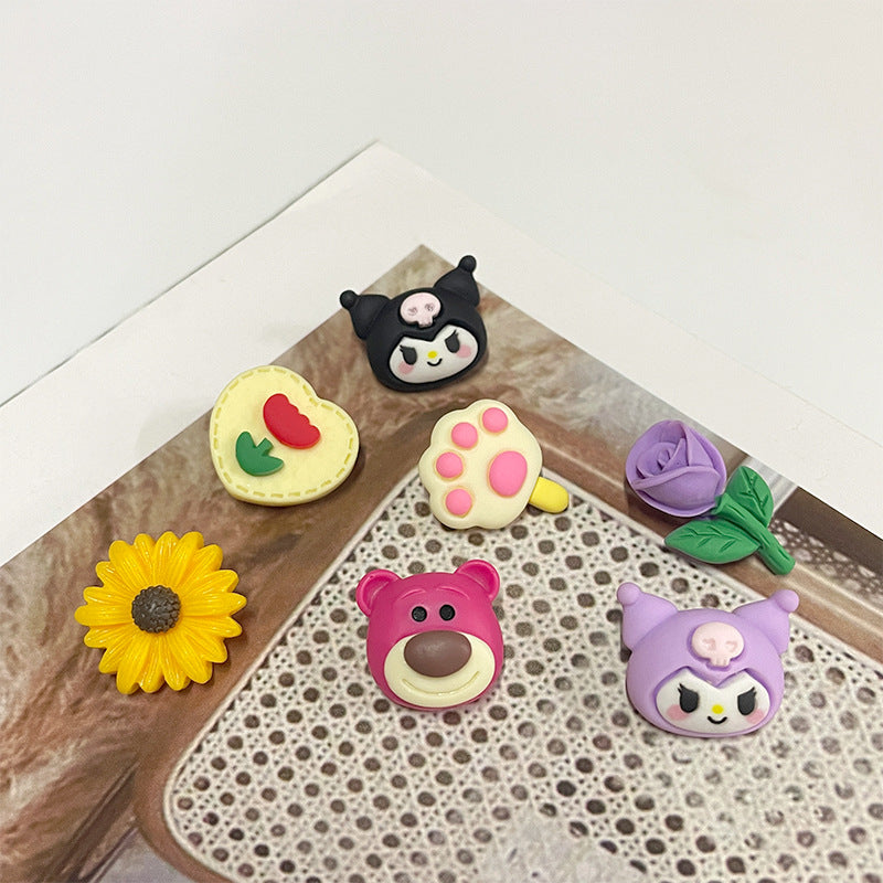 Cartoon plastic buttons: black cat, pink paw, yellow sunflower, purple flower, strawberry heart