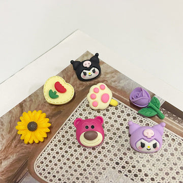 Cartoon plastic buttons: black cat, pink paw, yellow sunflower, purple flower, strawberry heart