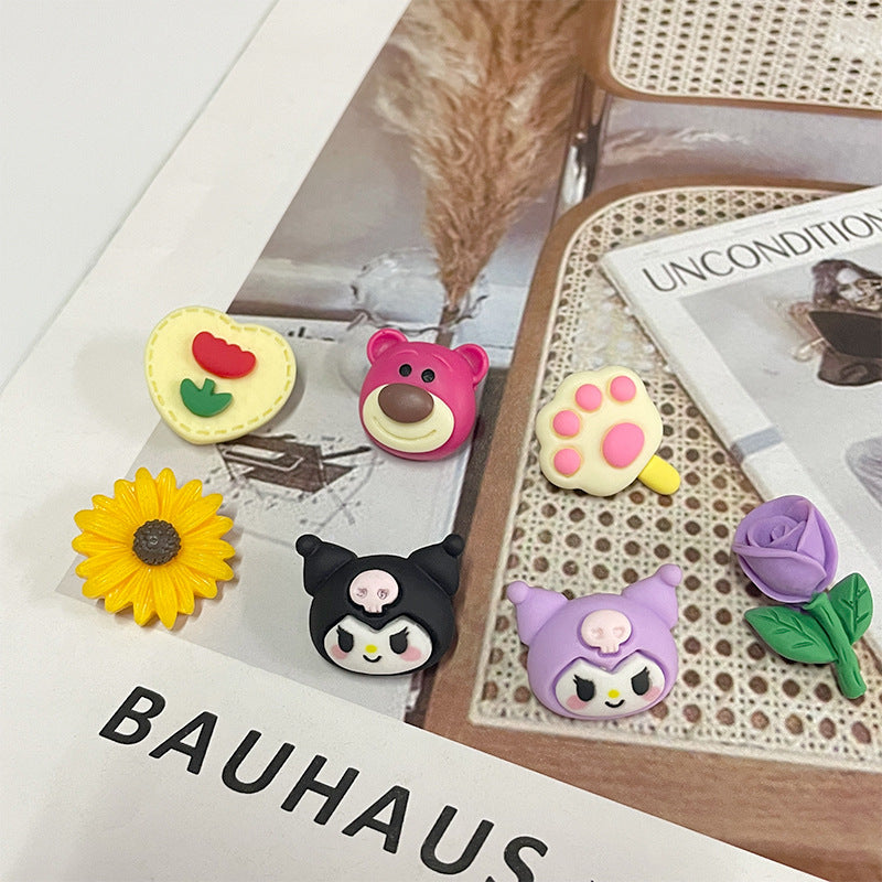 Cartoon plastic buttons with pin: pink bear head, black cat, yellow sunflower, purple rose, paw