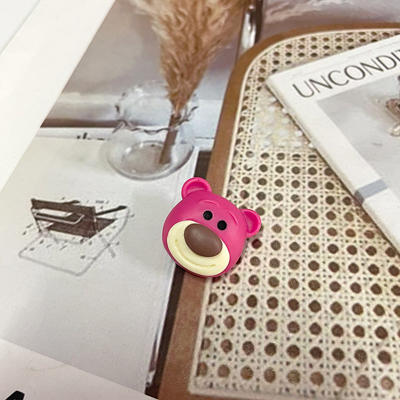 Pink bear face plastic button with black eyes and brown nose