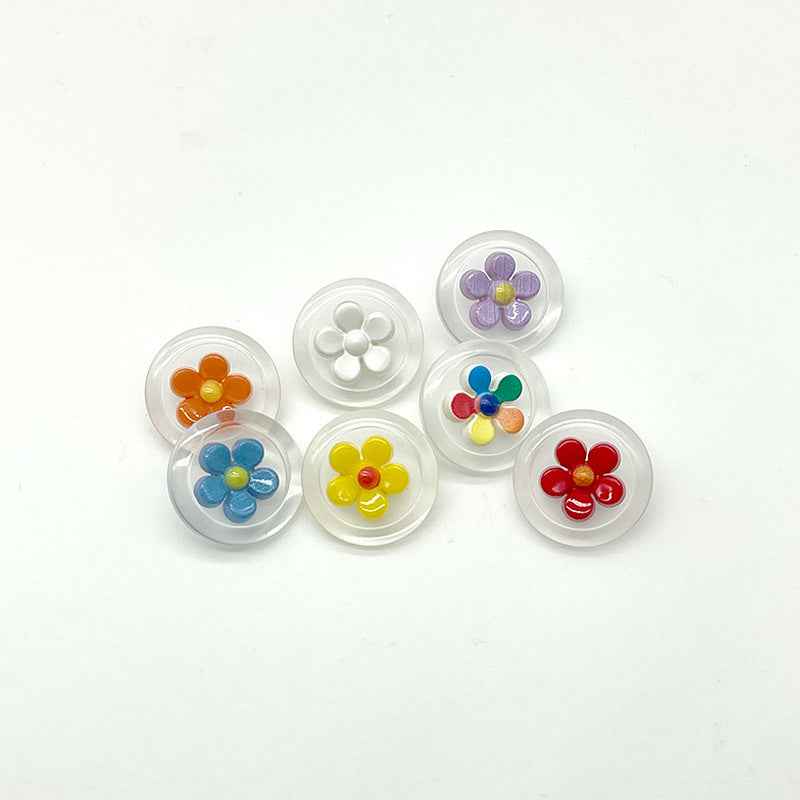 Round transparent two-tone flower buttons, colorful set of 6 shown with shanks
