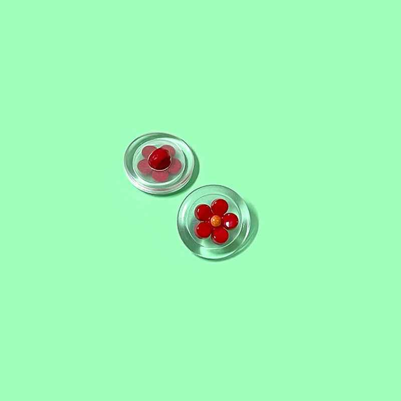 Red flower transparent plastic shank buttons, round two-tone design (2 shown)